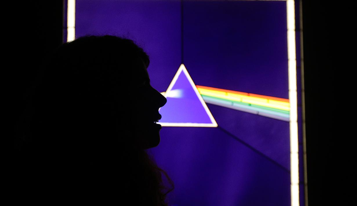 Seorang pengunjung melihat salah satu ruangan yang berisi instalasi pameran Pink Floyd di Roma, Italia (16/1). Setahun yang lalu pameran Pink Floyd bertema "Their Mortal Remains" juga telah digelar di London, Inggris. (AP Photo / Gregorio Borgia)