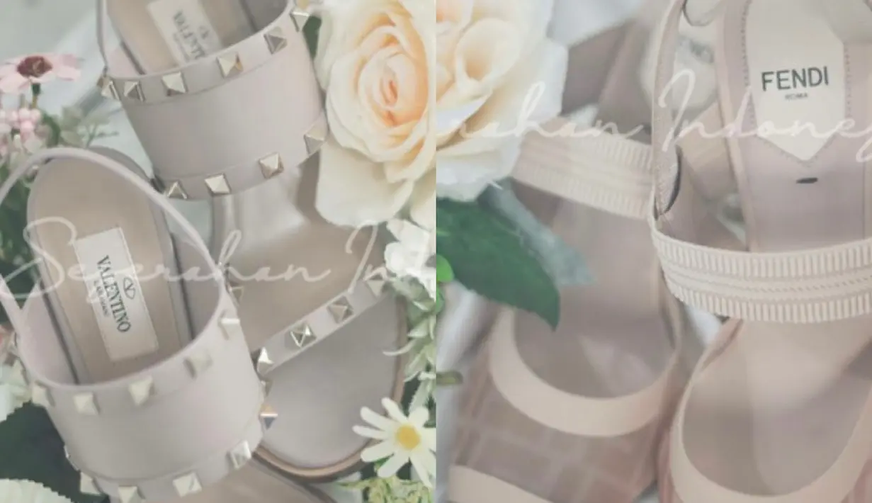 Rey Mbayang memberikan seserahan Dinda Hauw pun cukup mewah, seperti heels warna nude dari brand Fendi dan Valentino. @seserahan_id