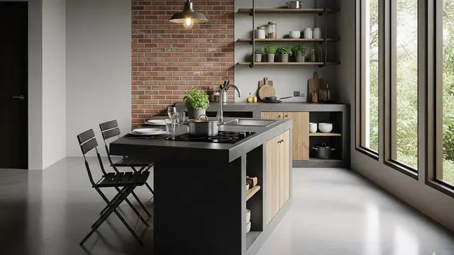Dapur dengan Lantai Semen Poles & Kitchen Island Mini