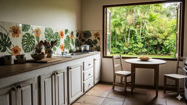 Dapur dengan Backsplash Motif Alam