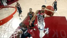 Tak mau kalah, bintang muda NBA asal Boston Celtics Jayson Tatum juga bikin 19 poin dan 7 rebound saat mengalahkan Prancis di final basket putra Olimpiade Tokyo 2020. (Foto: AP/Pool/Gregory Shamus)