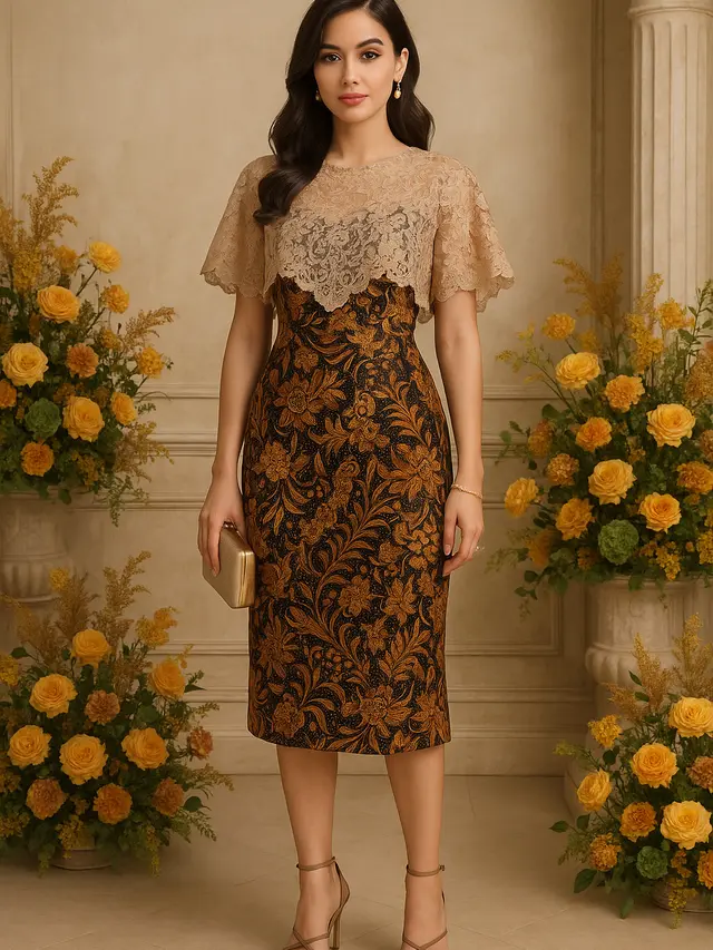 Model Dress Batik Kombinasi Brokat Lengan Pendek