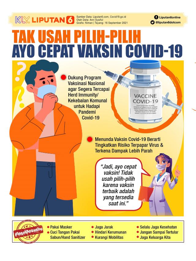 Infografis Tak Usah Pilih-Pilih, Ayo Cepat Vaksin Covid-19. (Liputan6.com/Niman)