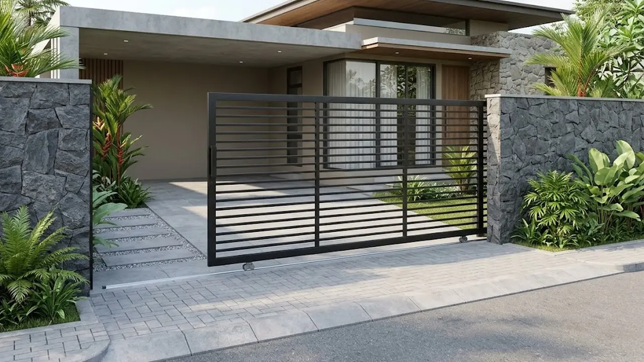 desain pagar rumah 4 meter dengan pintu geser minimalis
