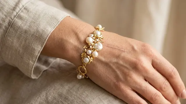 Gelang Serpihan Emas dengan Mutiara yang Artistik