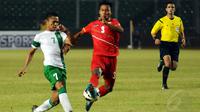 Htike Htike Aung (Myanmar U-19) berhasil menahan laju serangan Timnas Indonesia U-19 yang dibangun Muhammad Dimas Drajad di Stadion GBK Jakarta, (7/5/2014). (Liputan6.com/Helmi Fithriansyah)