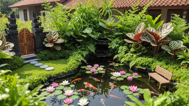Kolam Koi Mini Natural dengan Tanaman Hias