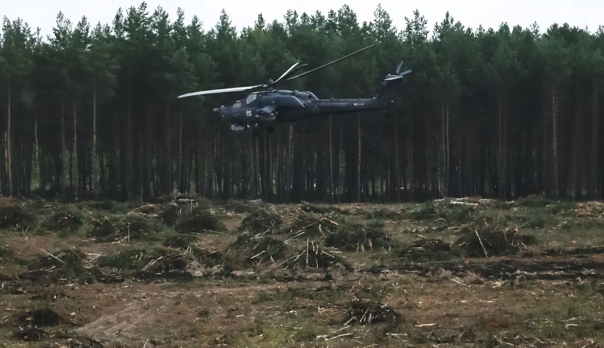 Helikopter Mi-28N yang diterbangkan oleh tim Berkuty (Golden Eagles) bermanuver dalam kompetisi penerbangan militer "Aviadarts" sebelum jatuh dan menewaskan satu dari dua orang pilot, di Dubrovichi, Rusia, Minggu (2/8/2015). (REUTERS/Maxim Shemetov)