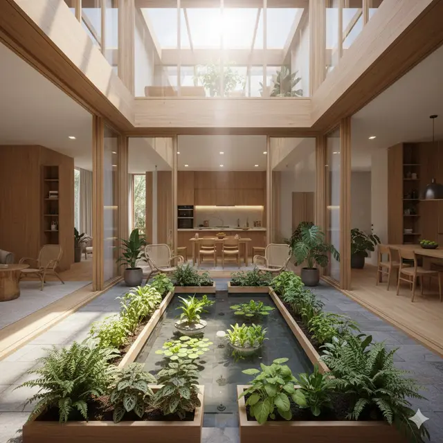 Inner Courtyard Produktif/Kebun Rumah Campuran Tanaman Hias dan Sayur (Foto AI)