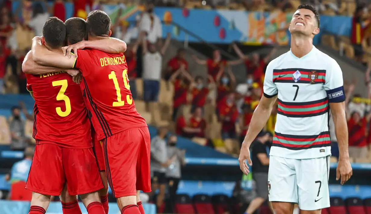 Timnas Portugal menyerah 0-1 lewat sepakan keras pemain Belgia, Thorgan Hazard, di menit ke-42. (Lluis Gene/Pool Photo via AP)