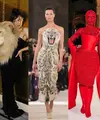 Kylie Jenner tiba menggunakan gaun strapless beludru hitam Schiaparelli SS23, berhiaskan kepala singa berukuran aslinya. [@schiaparelli].