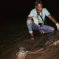Petugas menemukan hewan tersebut sudah dalam keadaan mati. Penyebabnya diduga karena tersangkut jaring nelayan. (Rino Abonita/ Liputan6.com)