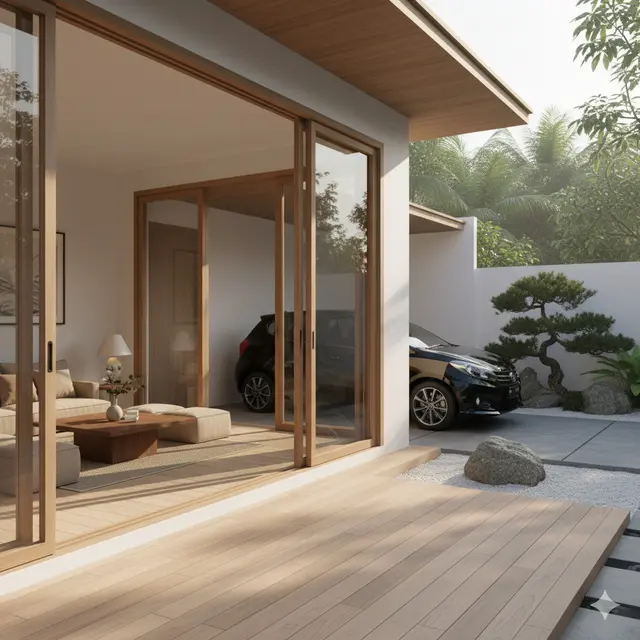 Teras Rumah Minimalis Menyatu Ruang Tamu dan Carport