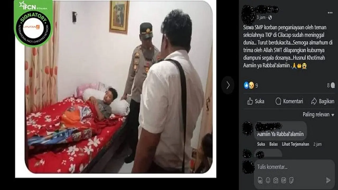 Beredar kabar hoaks tentang siswa SMP korban perundungan yang dilakukan oleh siswa lainnya di Cimanggu, Kabupaten Cilacap, Jawa Tengah meninggal dunia. (sumber: Facebook)