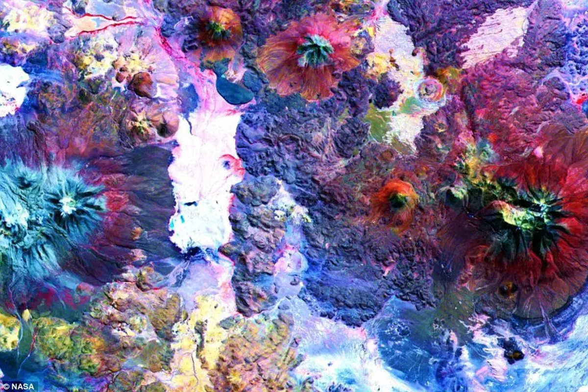 Pegunungan Andes di perbatasan Chili dan Bolivia diambil menggunakan ASTER dengan thermal infrared lights. Warna beragam menunjukkan material penyusun yang berbeda. (Foto: NASA).