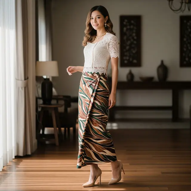 Model Atasan Brokat Timeless dengan Rok Batik Lilit Kekinian