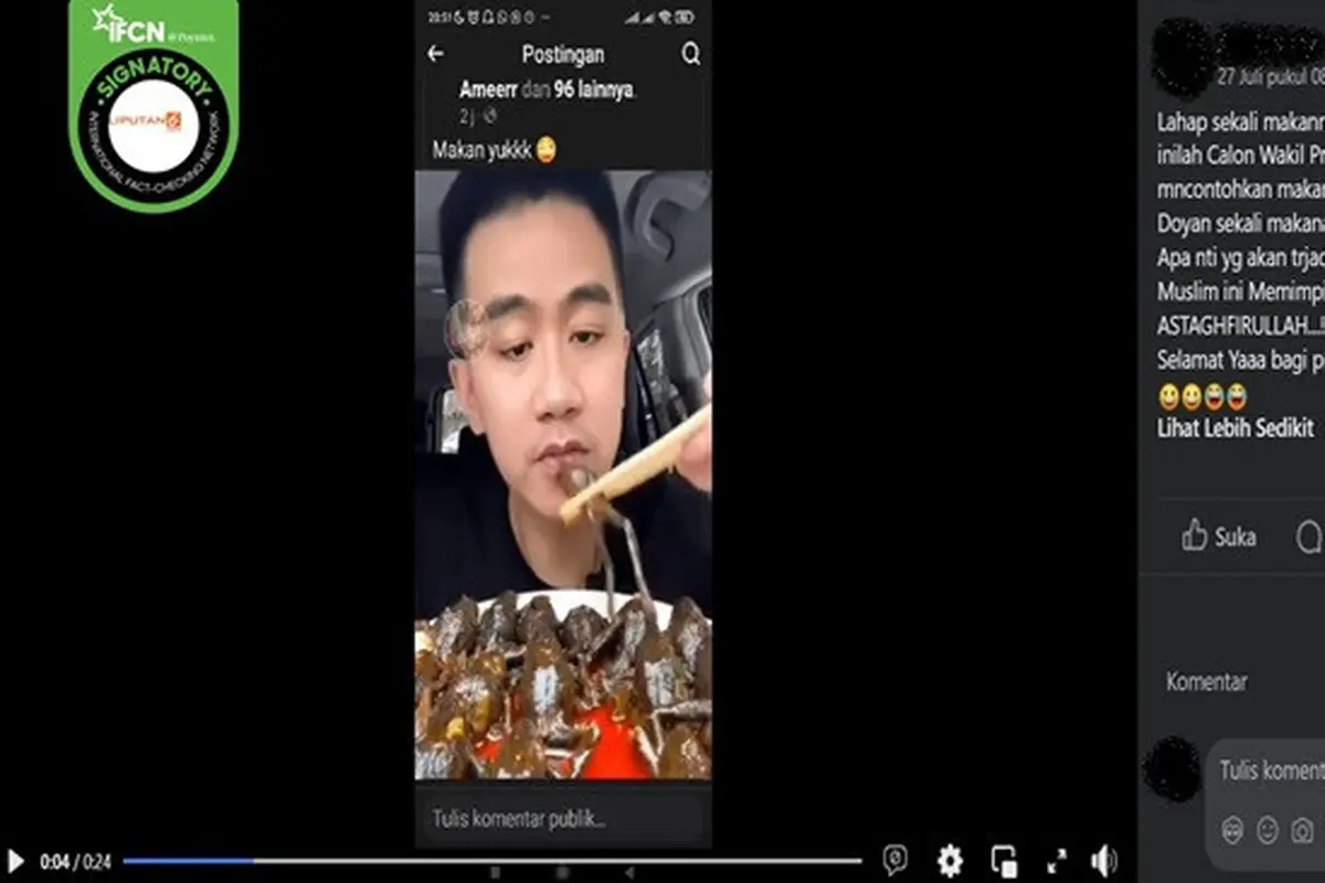 Gambar tangkapan layar video yang diklaim Wakil Presiden Terpilih, Gibran Rakabuming Raka menyantap katak. (sumber: Facebook)
