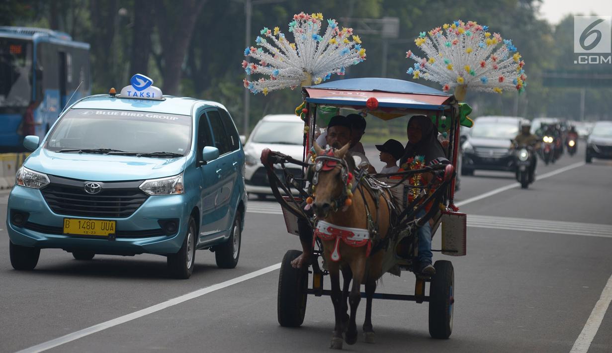Pengunjung berkeliling naik delman hias di Monumen Nasional (Monas), Jakarta, Sabtu (15/6/2019). Sebelumnya delman hias tersebut dilarang kini beroperasi kembali, delman tersebut mengenakan tarif pada pengunjung bervariasi untuk berkeliling di luar IRTI Monas. (merdeka.com/Imam Buhori)