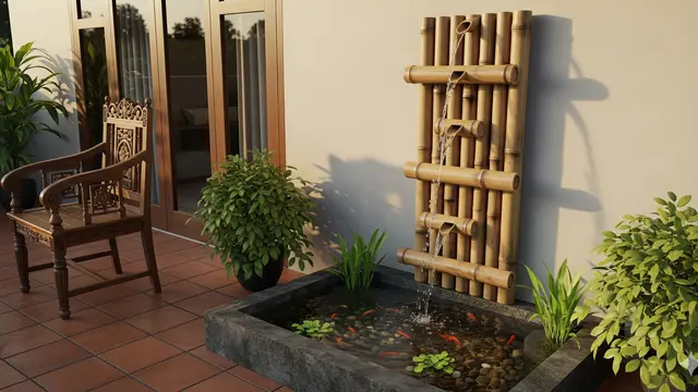 Model Kolam Ikan Mini Ornamen Bambu di Teras Rumah yang Klasik tapi Segar/Ilustrasi AI