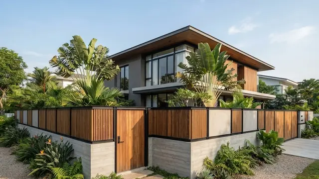 Pagar Rumah Hook Minimalis dengan Aksen Kayu