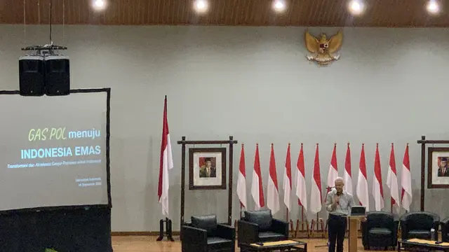 Bakal capres Ganjar Pranowo dalam Kuliah Kebangsaan FISIP UI, Senin (18/9/2023).