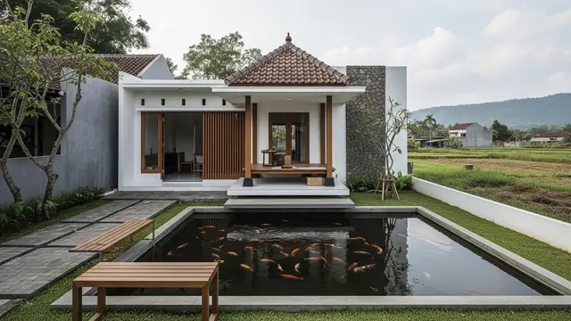 Rumah Desa Kombinasi Modern Jawa dengan Pendopo Minimalis dan Kolam Ikan