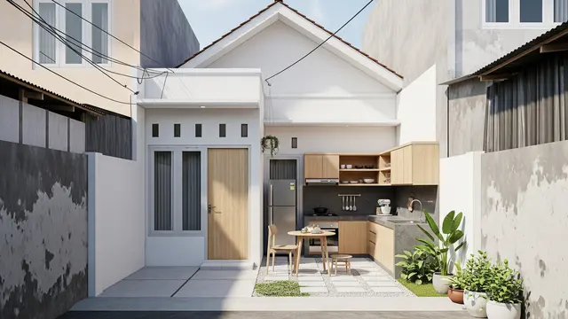 Desain Rumah 1 Lantai Tipe 36 di Gang Sempit dengan Dapur Belakang Terbuka/Gemini AI