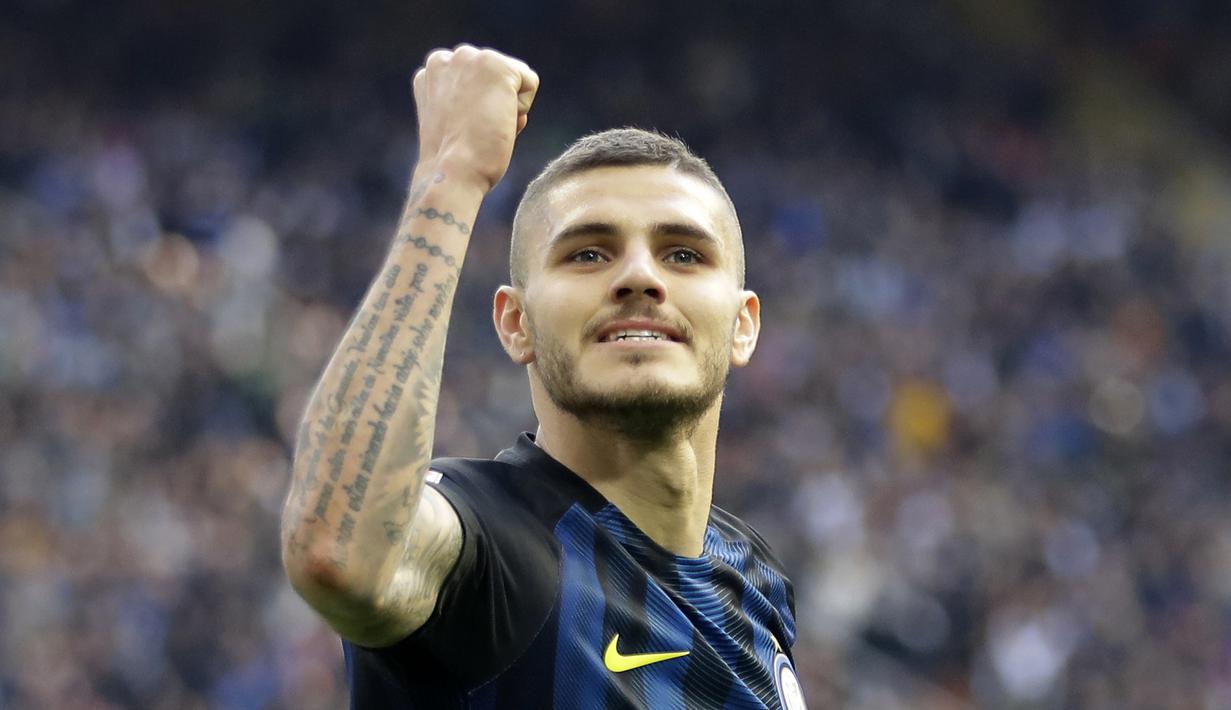 Kapten Inter Milan, Mauro Icardi mengunci posisi ketiga top scorer dengan 20 golnya hingg pekan ke-29 Serie A Italia.  (AP/Antonio Calanni)