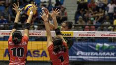 Pevoli Jakarta Elektrik PLN, Aprilia Manganang, melakukan smash ke arah pertahanan Jakarta Pertamina Energi pada final four seri kedua Proliga 2016 di Amongrogo, Yogyakarta, Minggu (8/5/2016). (Bola.com/Vitalis Yogi Trisna)