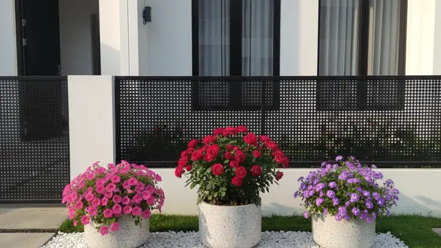Desain Teras Rumah Estetik dengan Kebun Bunga Warna-Warni. AI