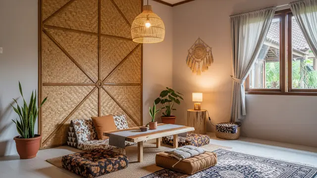 Desain Ruang Tamu Rumah Kampung Minimalis yang Nyaman Buat Nerima Tamu Model Dinding Aksen dengan Material Lokal