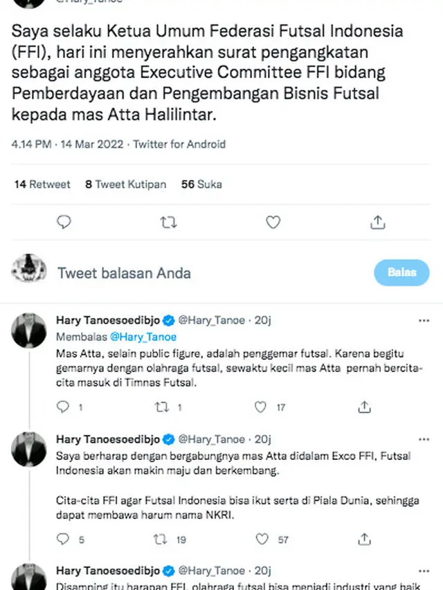 Atta Halilintar Diangkat Jadi Anggota Executive Committee Federasi Futsal Indonesia. (Twitter Hary Tanoe)