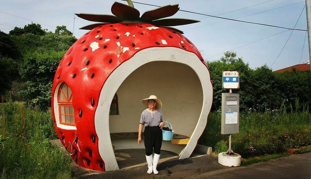 Bukan disebut Jepang, jika tidak mengadopsi bangunan-bangunan unik seperti halte bus stroberi ini. Selain stroberi, Negara Sakura ini juga memiliki halte bus buah lainnya, seperti halte bus jeruk, melon dan labu. (niume.com)