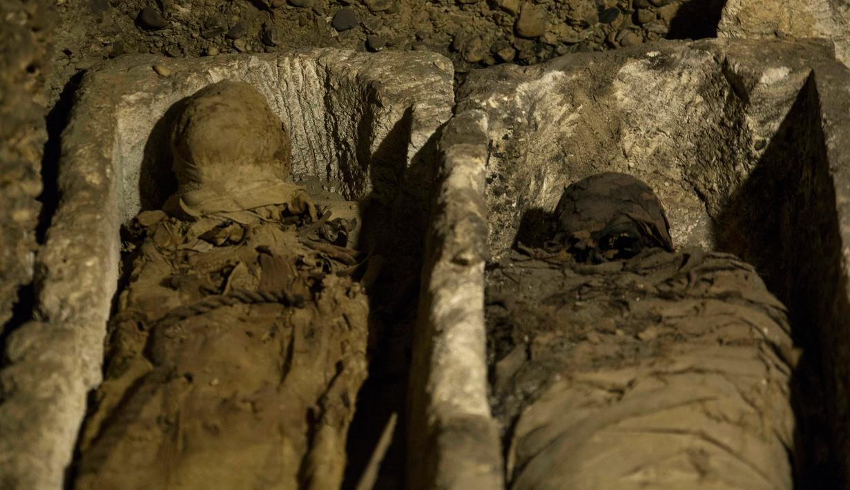 Penampakan mumi terbungkus kain linen yang baru ditemukan di ruang pemakaman di Provinsi Minya, Mesir, Sabtu (2/2). Mumi-mumi tersebut ditemukan diletakkan di lantai atau di peti mati tanah liat. (AP Photo/Roger Anis)