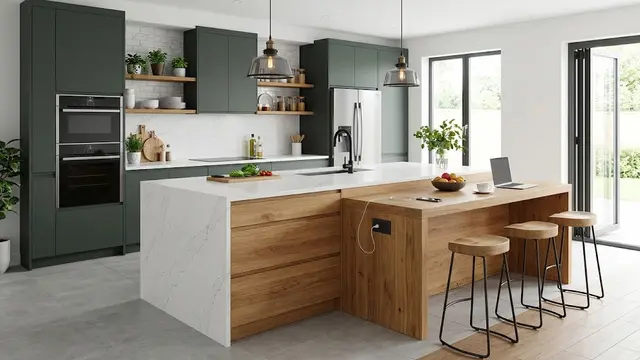 Desain Dapur dengan Meja Sarapan Menyatu pada Ujung Kitchen Island