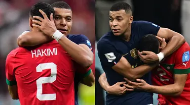 Salah satu hal yang menjadi sorotan dari semifinal Piala Dunia 2022 anatara Prancis vs Maroko pada Kamis (15/12/2022) dini hari WIB adalah pertemuan dua sahabat asal Paris Saint-Germain atau PSG, Kylian Mbappe dan Achraf Hakimi. (AP Photo dan AFP)