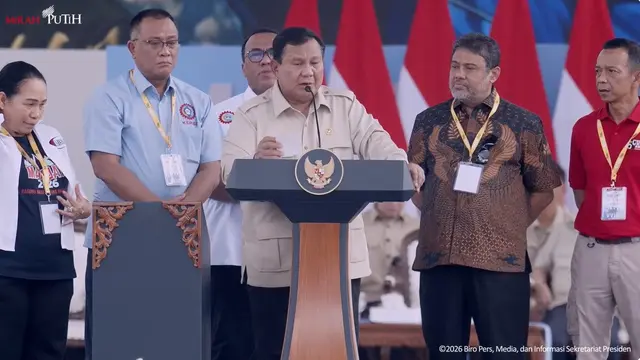 Presiden Prabowo Subianto saat pidato Hari Buruh atau May Day 2026 di Monas, Jumat (1/5/2026).