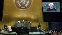 Presiden Iran Hassan Rouhani saat menyampaikan pidato di Sidang Majelis Umum PBB 2018 di New York (AP PHOTO / Richard Drew)