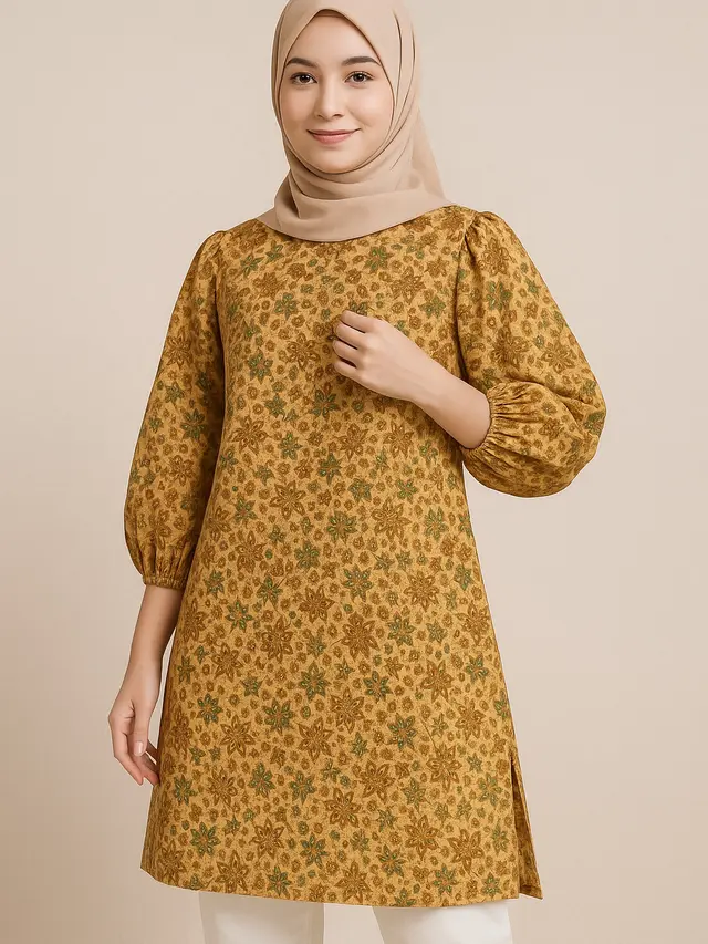 Tunik Batik Katun Belah Samping Lengan Puff