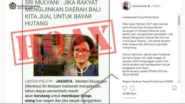 Akun instagram Menteri Keuangan Sri Mulyani Soal hoax jual Bali. (Instagram)