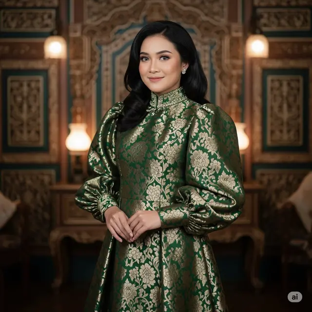 Maxi Dress Brokat A-Line Lengan Balon dan Kerah Tinggi
