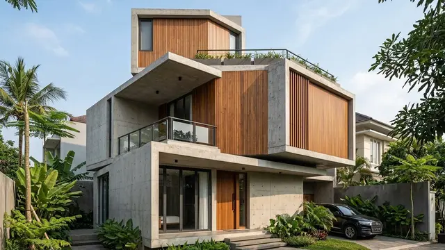 Gambar Fasad Rumah Minimalis dengan Kombinasi Kayu dan Beton