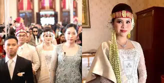 Chen Giovani mengenakan kebaya panjang warna putih gading di resepsi pernikahan adat Batak. [IG/fcgweddings/myrnamyura]