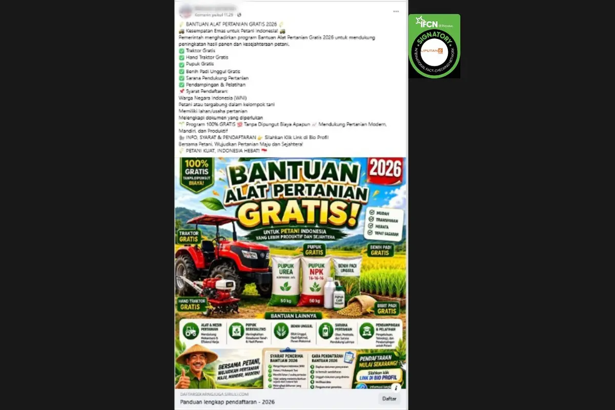 Cek Fakta Liputan6.com mendapati klaim link pendaftaran untuk mendapatlan bantuan traktor gratis dari pemerintah.