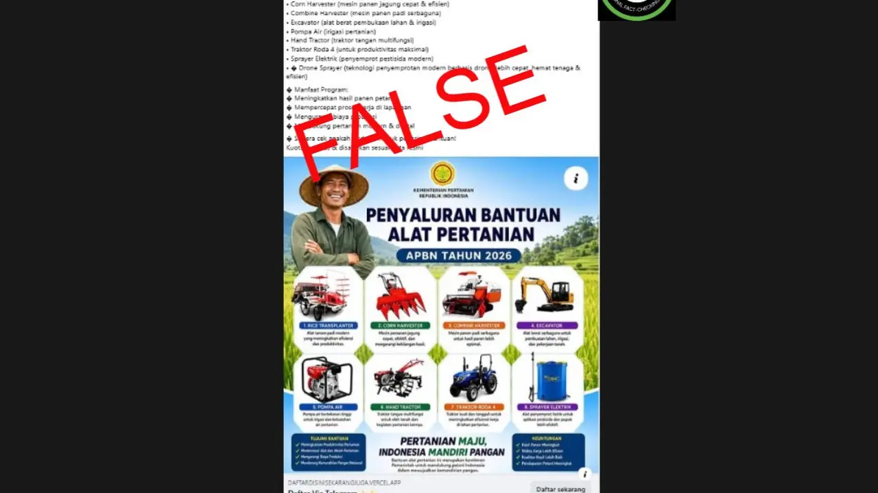 Cek Fakta Liputan6.com mendapati klaim link pendaftaran program penyaluran bantuan alat pertanian 2026 melalui Telegram.