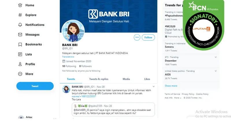 Hoaks akun Twitter Bank BRI