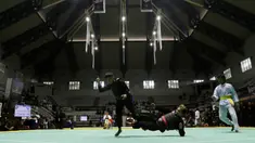 Pesilat saat beraksi pada ajang Kejurnas Pagar Nusa di Padepokan Pencak Silat TMII, Jakarta, Minggu (6/1/2020). Sebanyak 487 pesilat dari seluruh Indonesia berpartisipasi dalam Kejurnas sekaligus Harlah ke-34 Pagar Nusa. (Bola.com/M Iqbal Ichsan)