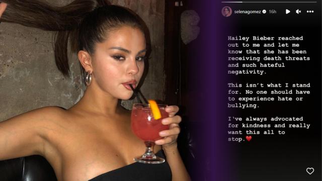 Postingan Selena Gomez yang bela Hailey Bieber dari ancaman pembunuhan. (Instagram: @selenagomez)