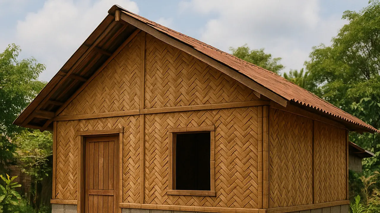 Model Rumah Sederhana Batako dengan Dinding Anyaman Bambu di Desa (Image by ChatGPT)