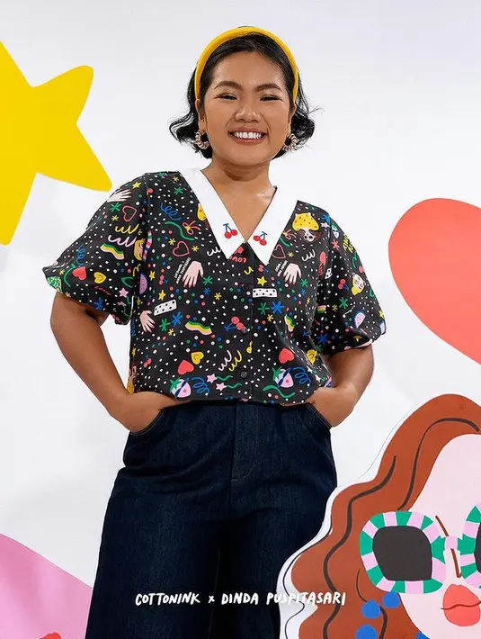 Motif-motif ceria membuat tampilan terlihat semakin menyenangkan. [Foto: Instagram/ Dinda Puspitasari]